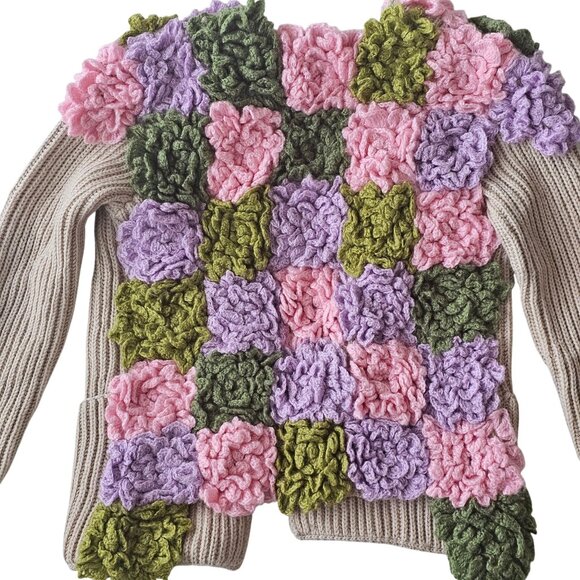 Handmade Beige Open-Front Knit Cardigan Upcycled With Floral Crochet Accents - Picture 9 of 14